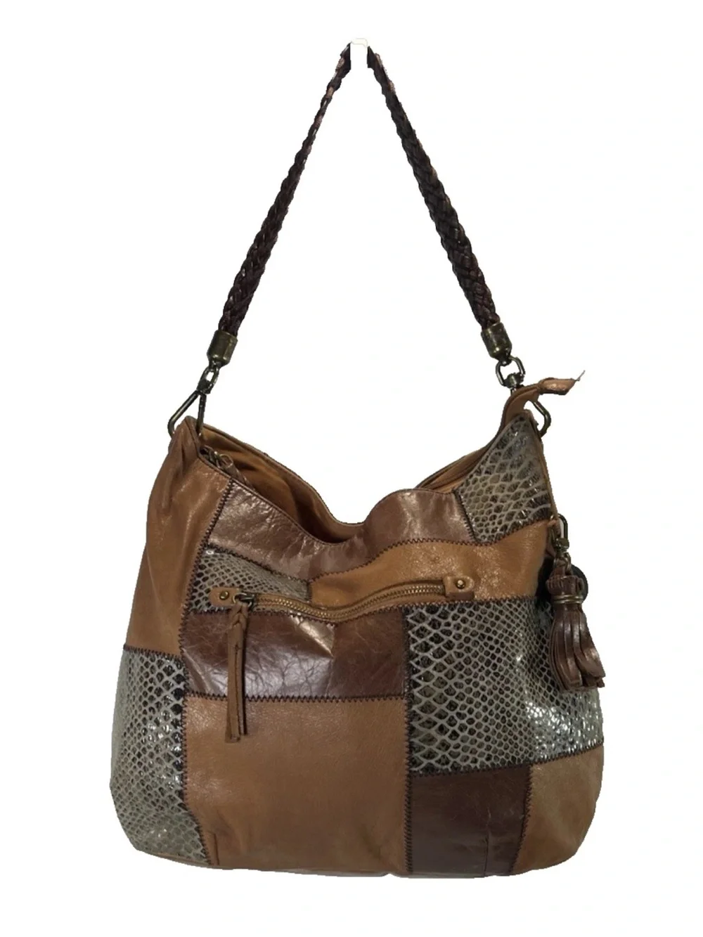 THE SAK Indio Boho Leather Patchwork Purse Hobo Shoulder Bag Braided